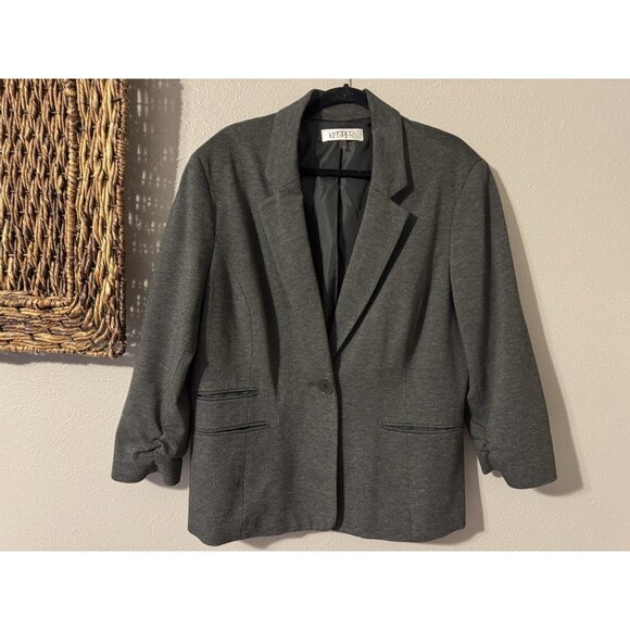 Kasper Suit Jacket Blazer 16 Gray 1 Button Stretch Ruched Sleeves - Picture 9 of 15